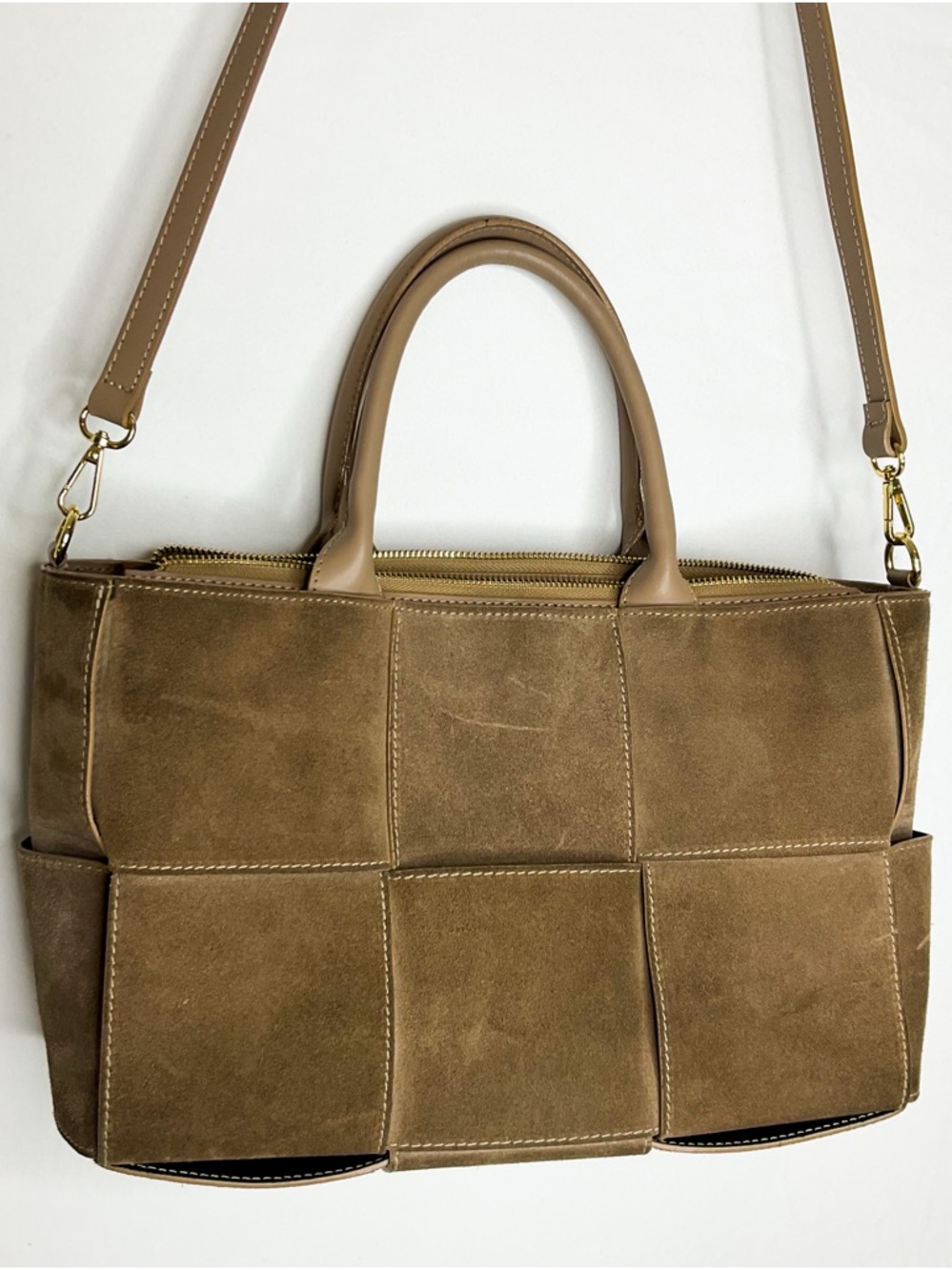 Isadora Italy Tan Suede Grid Tote Bag